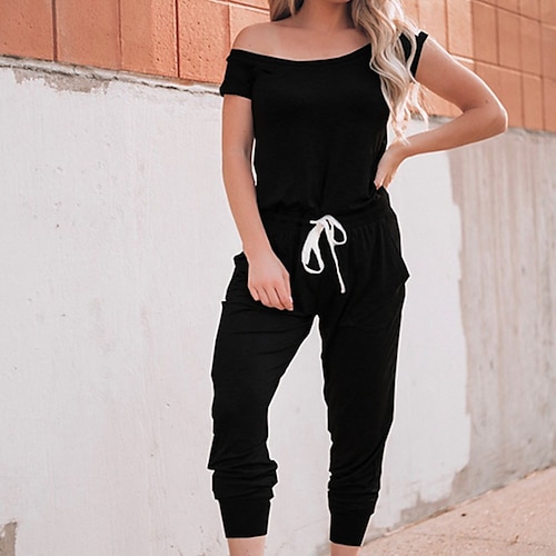 

Women's Jumpsuit Lace up Solid Color One Shoulder Casual Street Vacation Regular Fit Short Sleeve Green Blue Black S M L Spring