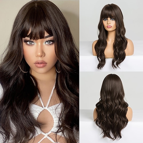 

Synthetic Wig Wavy With Bangs Wig 24 inch Dark Brown Synthetic Hair Women's Natural Fashion Fluffy Black / Brown
