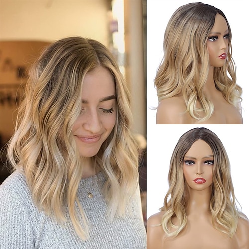 

Medium Length Blonde Wigs For Women Ombre Blonde Wigs Shoulder Length Natural Looking Wavy Synthetic Wigs Middle Part Heat Resistant Cosplay Daily Party Wigs