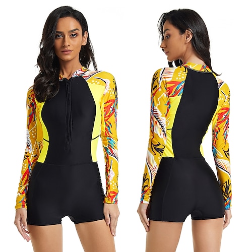

Women's Rash guard Swimsuit UV Sun Protection UPF50 Breathable Long Sleeve Spandex Bodysuit Bathing Suit Front Zip Boyleg Swimming Surfing Beach Water Sports Spring Summer / Quick Dry / Lightweight
