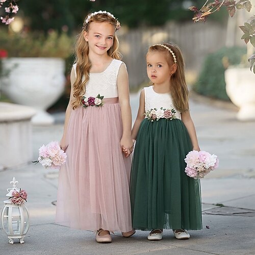 

Party Event / Party A-Line Flower Girl Dresses Jewel Neck Ankle Length Lace Tulle Spring Summer with Sash / Ribbon Ruching Cute Girls' Party Dress Fit 3-16 Years