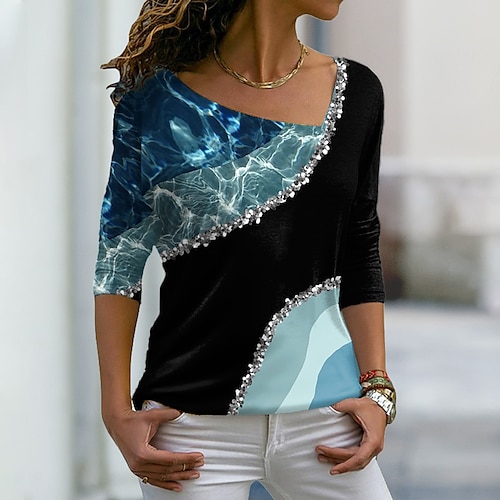 

Women's T shirt Tee Graphic Patterned Color Block Geometric Daily Weekend Abstract Painting T shirt Tee Long Sleeve Print V Neck Basic Essential Green Blue Purple S / 3D Print