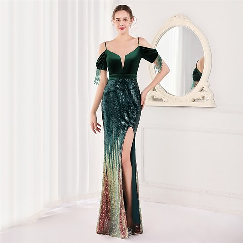 

Mermaid / Trumpet Evening Dresses Elegant Dress Wedding Guest Floor Length Short Sleeve Spaghetti Strap Velvet V Back with Sequin Tassel Slit 2022 / Formal Evening