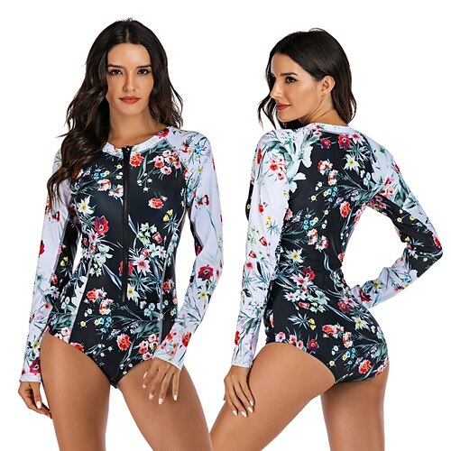 

Women's One Piece Swimsuit Rash Guard Elastane Bodysuit Bathing Suit UV Sun Protection UPF50 Breathable Stretchy Long Sleeve Front Zip - Swimming Surfing Beach Water Sports Floral / Botanical Autumn