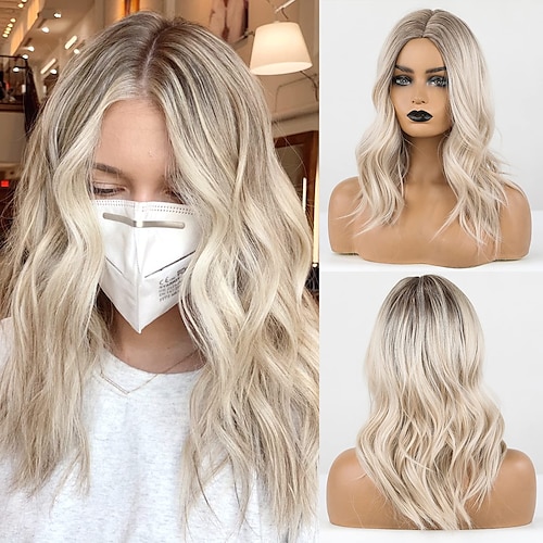 

Long Blonde Wigs for Women, Ombre Color with Dark Roots Synthetic Wavy Wig Middle Parting ChristmasPartyWigs