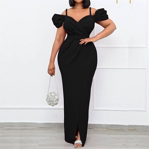 

Women's Plus Size Party Dress Solid Color V Neck Split Short Sleeve Fall Winter Sexy Prom Dress Maxi long Dress Party Back to School Dress / Ruched