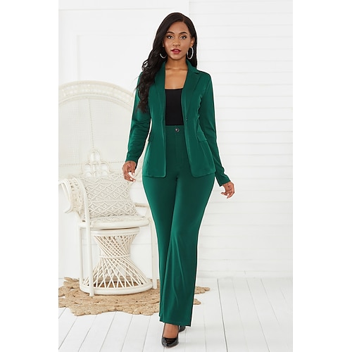 

Women's Blazer Office Suit Pants Sets Basic Green Black Office Wear to work Solid Color Shirt Collar S M L XL