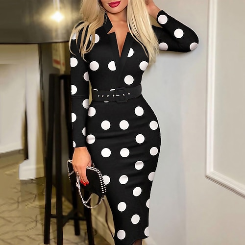 

Women's Work Dress Sheath Dress Knee Length Dress Black Long Sleeve Polka Dot Print Fall Winter V Neck Stylish Work Modern 2022 S M L XL