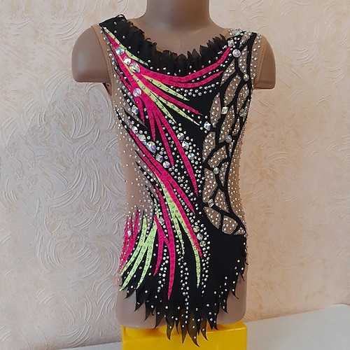 

Rhythmic Gymnastics Leotards Artistic Gymnastics Leotards Women's Girls' Leotard Mesh Spandex High Elasticity Handmade Sleeveless Competition Dance Rhythmic Gymnastics Artistic Gymnastics Black