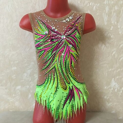 

Rhythmic Gymnastics Leotards Artistic Gymnastics Leotards Women's Girls' Leotard Mesh Spandex High Elasticity Handmade Sleeveless Competition Dance Rhythmic Gymnastics Artistic Gymnastics Green