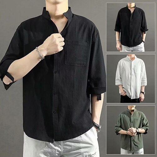 

Men's Shirt Elbow Sleeve Basic Shirt Collar Medium Spring & Summer Green White Black