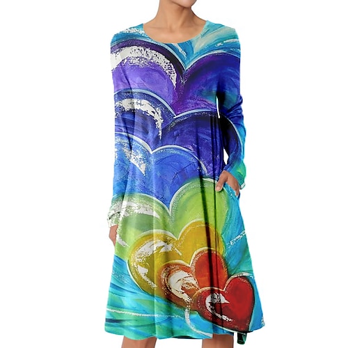 

Women's Sundress Midi Dress Blue Pink Rainbow Long Sleeve Heart Print Winter Fall Autumn Crew Neck Classic Winter Dress Fall Dress Loose Fit 2022 S M L XL XXL 3XL