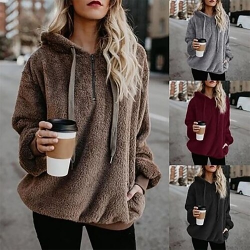 

Women's Hoodie Pullover Sweatshirt Solid Color Pocket Quarter Zip Casual Daily Weekend Sportswear Casual