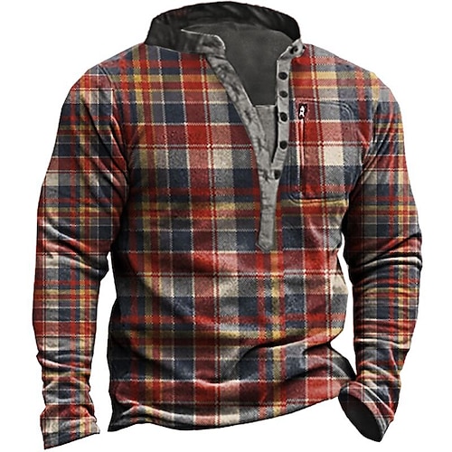 

Retro Plaid Men's Outdoor Tactics Henley Button Long Sleeve Shirt Henley Collar Tactical Sweatshirt Pullovers