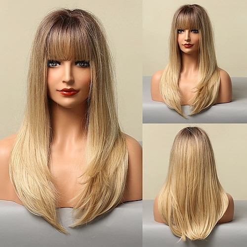 

Long Blonde Wig with Bangs HAIRCUBE Ombre Blonde Wigs for Women Natural Long Wavy Wigs Heat Resistant Fiber Synthetic Wigs layered realistic wigs Daily Natural looking