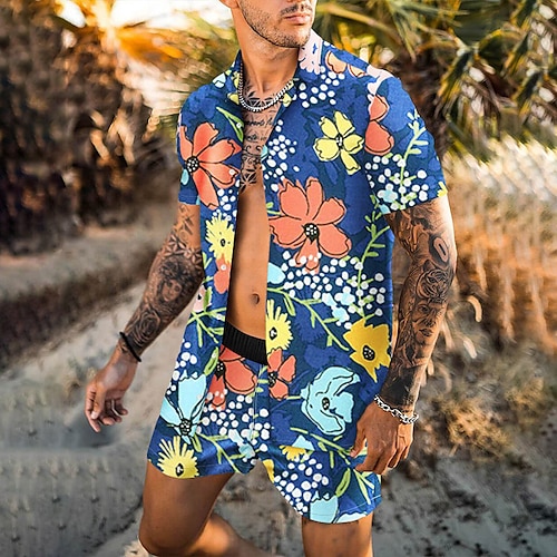 

Men's Shirt Set Summer Hawaiian Shirt Floral Graphic Prints Turndown Blue 3D Print Outdoor Casual Short Sleeve 3D Print Button-Down Clothing Apparel Fashion Casual Hawaiian Comfortable / Spring