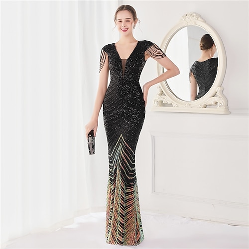 

Mermaid / Trumpet Evening Dresses Elegant Dress Wedding Guest Floor Length Sleeveless V Neck Sequined V Back with Sequin 2022 / Formal Evening