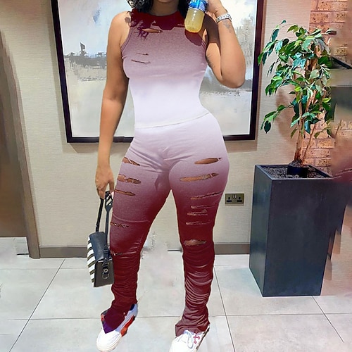 

Women's Plus Size Tops Set Color Gradient Color Block Cut Out Print Sleeveless Crewneck Streetwear Daily Going out Polyester Spring Summer Black Pink