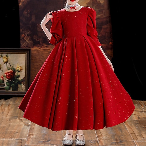 

Party Christmas Princess Flower Girl Dresses Jewel Neck Ankle Length Stretch Fabric Winter Fall with Bow(s) Paillette Cute Girls' Party Dress Fit 3-16 Years