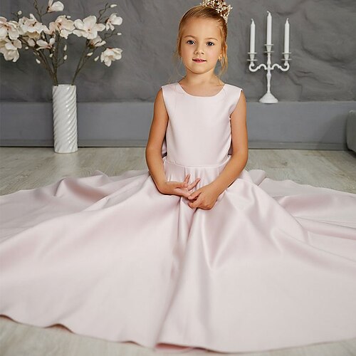 

Party Event / Party A-Line Flower Girl Dresses Jewel Neck Sweep / Brush Train Satin Spring Summer with Bow(s) Pleats Cute Girls' Party Dress Fit 3-16 Years