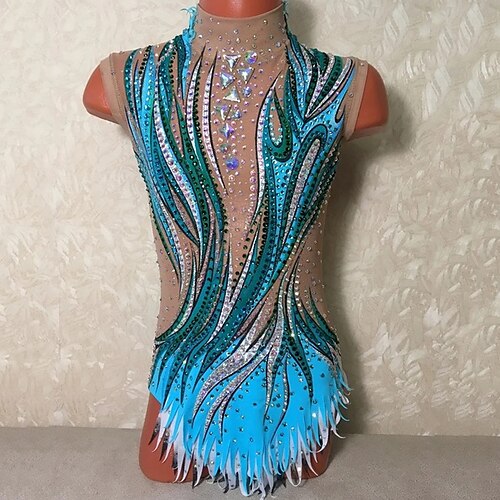 

Rhythmic Gymnastics Leotards Artistic Gymnastics Leotards Women's Girls' Leotard Mesh Spandex High Elasticity Handmade Sleeveless Competition Dance Rhythmic Gymnastics Artistic Gymnastics Blue