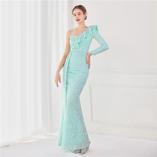 

Mermaid / Trumpet Evening Dresses Elegant Dress Wedding Guest Floor Length Long Sleeve One Shoulder Sequined V Back with Sequin Slit 2022 / Formal Evening