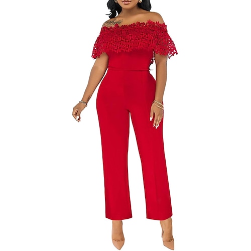 

Women's Jumpsuit Lace Backless Solid Color Off Shoulder Elegant Party Regular Fit Sleeveless Yellow Red Black S M L Spring