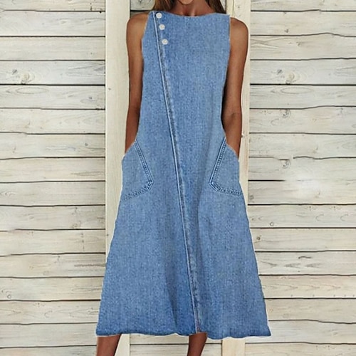 

Women's Denim Dress Swing Dress Maxi long Dress Cotton Denim Stylish Casual Daily Vacation Going out Boat Neck Button Pocket Sleeveless Summer Spring 2023 Regular Fit Blue Pure Color S M L XL XXL