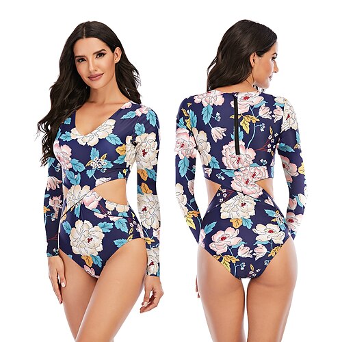 

Women's One Piece Swimsuit Elastane Bodysuit Bathing Suit UV Sun Protection Breathable Quick Dry Stretchy Long Sleeve Back Zip Hollow-out - Swimming Surfing Beach Water Sports Floral Autumn / Fall