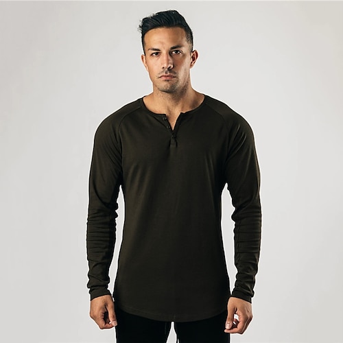 

Men's T shirt Tee Henley Shirt Solid Color Henley Army Green Red White Black Casual Holiday Long Sleeve Clothing Apparel Cotton Fashion Lightweight Muscle Big and Tall