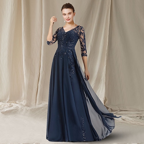 

A-linje Kjole til brudens mor Elegant V-hals Gulvlang Chiffon Blondelukning Pailletter Halvlange ærmer med Paillette Applikeret broderi 2023