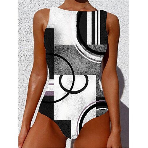 

Women's Swimwear One Piece Monokini Bathing Suits Plus Size Swimsuit Tummy Control Slim Printing for Big Busts Geometric Green Black Blue Wine Scoop Neck Bathing Suits New Vacation Fashion / Sexy