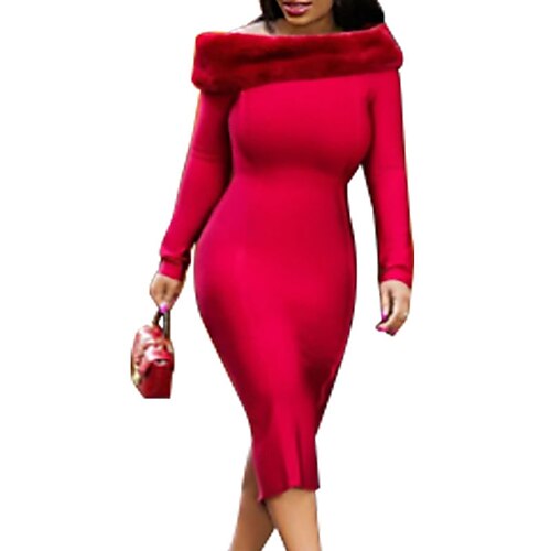 

Women's Plus Size Party Dress Solid Color Off Shoulder Split Long Sleeve Fall Winter Formal Prom Dress Midi Dress Party Vacation Dress
