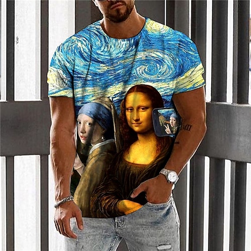 

Men's Unisex T shirt Tee Graphic Prints Oil Painting Crew Neck Blue 3D Print Mona Lisa Outdoor Street Short Sleeve Print Clothing Apparel Sports Designer Casual Big and Tall / Summer / Summer