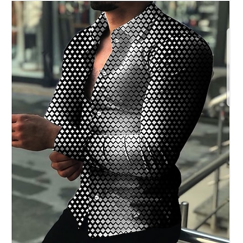 Herren Hemd 3D-Druck Geometrisch Umlegekragen Täglich Festtage 3D-Druck Button-Down Langarm Oberteile Alltag Modisch Atmungsaktiv Schwarz