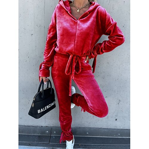 

Women's Sweatshirt Tracksuit Pants Sets Basic Dark Gray Red Casual Daily Solid Color Drawstring Hooded S M L XL XXL