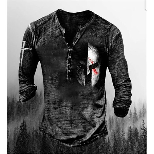 

Men's T shirt Tee Henley Shirt Graphic Mask Henley Black / Gray Red 3D Print Plus Size Street Casual Long Sleeve Button-Down Print Clothing Apparel Basic Casual Classic Big and Tall