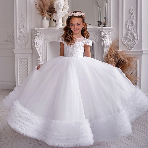 

Party Event / Party Princess Flower Girl Dresses Jewel Neck Floor Length Tulle Spring Summer with Appliques Ruching Cute Girls' Party Dress Fit 3-16 Years