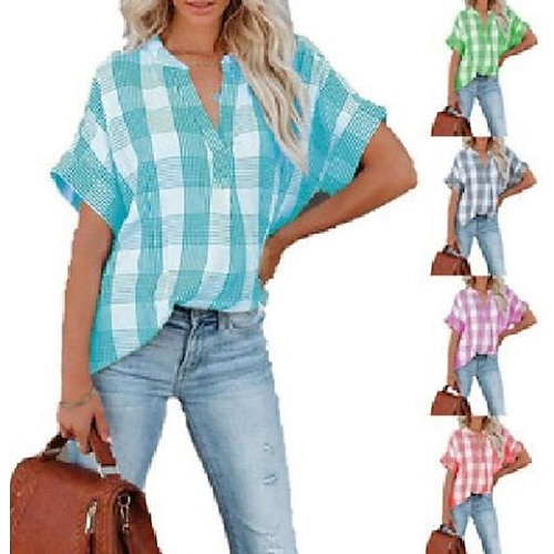 

Women's Summer V-Neck Striped Plaid Print Loose Blouse Top