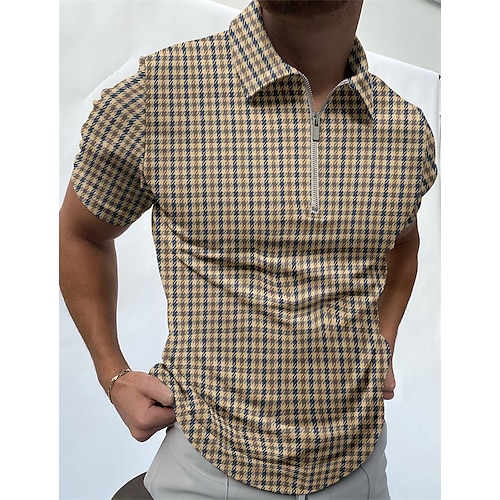 

Men's Collar Polo Shirt Golf Shirt Houndstooth Turndown Brown 3D Print Casual Daily Short Sleeve Zipper Print Clothing Apparel Sports Fashion Casual Comfortable / Summer / Spring / Summer