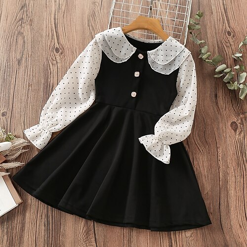 

Kids Girls' Dress Polka Dot A Line Dress Knee-length Dress School Patchwork Cotton Long Sleeve Cute Dress 3-12 Years Fall Black