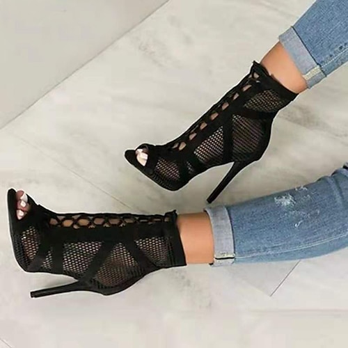 

Women's Sandals Summer Boots Lace-up High Heel Peep Toe Casual Sexy Daily Outdoor PU Leather Mesh Lace-up Summer Solid Colored Black