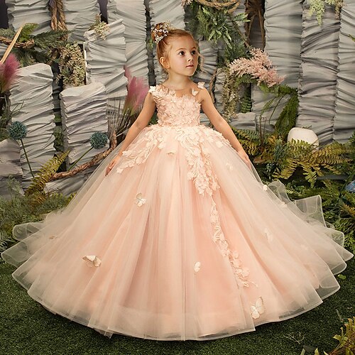 

Party Christmas Princess Flower Girl Dresses Jewel Neck Floor Length Tulle Sequined Spring Summer with Bow(s) Paillette Cute Girls' Party Dress Fit 3-16 Years