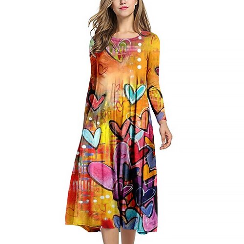 

Women's Sundress Midi Dress Purple Rainbow Red Long Sleeve Heart Print Winter Fall Autumn Crew Neck Classic Winter Dress Fall Dress Loose Fit 2022 S M L XL XXL 3XL