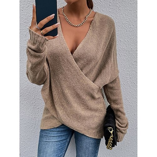 

Women's Sweater Pullover Jumper Criss Cross Knitted Solid Color Stylish Casual Long Sleeve Regular Fit Sweater Cardigans V Neck Fall Winter Blue Purple Pink / Holiday / Going out