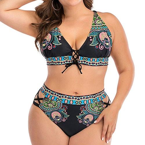 

Women's Swimwear Bikini 2 Piece Plus Size Swimsuit 2 Piece Open Back Printing for Big Busts Hole Floral Geometric Black Padded V Wire Bathing Suits New Vacation Fashion / Sexy / Modern / Cute / Spa
