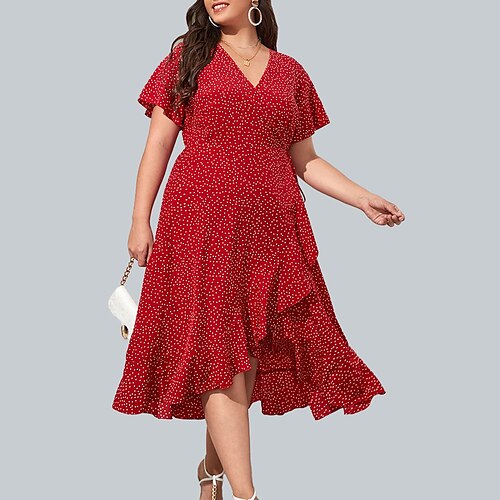 

Women's Plus Size Curve A Line Dress Polka Dot V Neck Ruffle Short Sleeve Spring Summer Work Casual Midi Dress Causal Daily Dress / Print