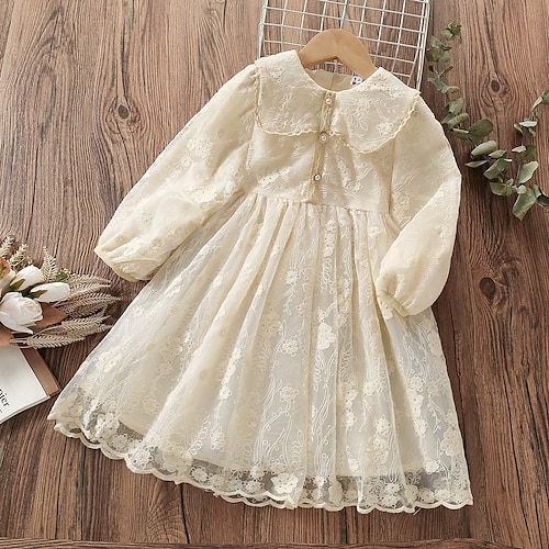 

Bambino Da ragazza Vestito Fiore decorativo Abito linea A Medio Vestito Giornaliero Manica a sbuffo Cotone Manica lunga stile sveglio Vestito 2-6 anni Autunno Beige