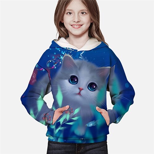 

Kids Girls' Hoodie Animal Outdoor 3D Print Long Sleeve Pocket Fashion 3-12 Years Winter Blue