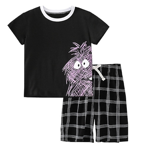 

2 Stück kinderkleidung Jungen T-Shirt Shorts Kleidungsset Outfit Karikatur Plaid Kurzarm Bedruckt Baumwolle Set Outdoor Täglich Casual Frühling Sommer 2-8 Jahre Schwarz